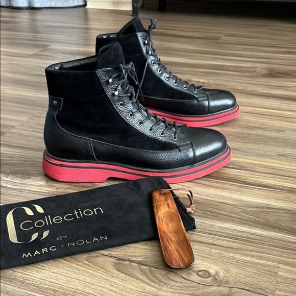 MeMarc Nolan Aiden Black Leather Combat Boots Red Sole Lace Up Suede Hike Active main image 4